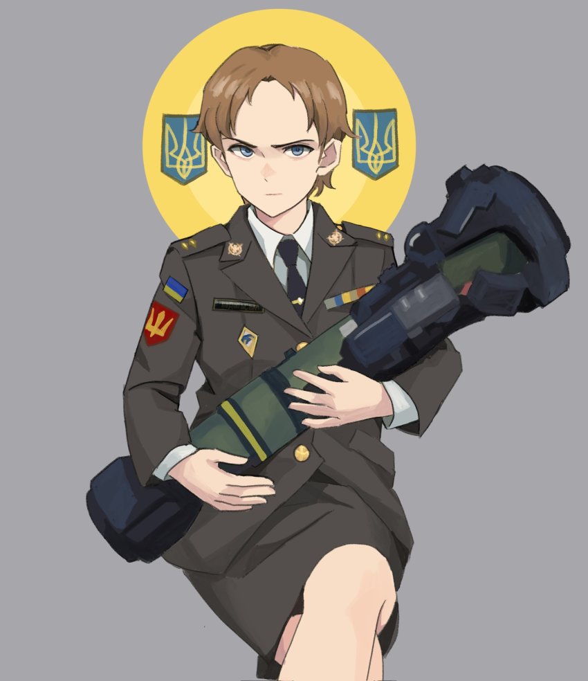1girl, black_necktie, blue_eyes, brown_hair, closed_mouth, commentary_request, expressionless, feet_out_of_frame, halo, halo_behind_head, highres, holding, holding_rocket_launcher, holding_weapon, long_sleeves, looking_at_viewer, man-portable_anti-tank_systems, military, military_dress_uniform, military_uniform, missile_launcher, necktie, nlaw, original, patch, rocket_launcher, shirt, short_hair, shoulder_patch, sitting, skirt, solo, ukraine, ukrainian_flag, ukrainian_ground_forces, wani_(perfect_han), weapon, white_shirt
