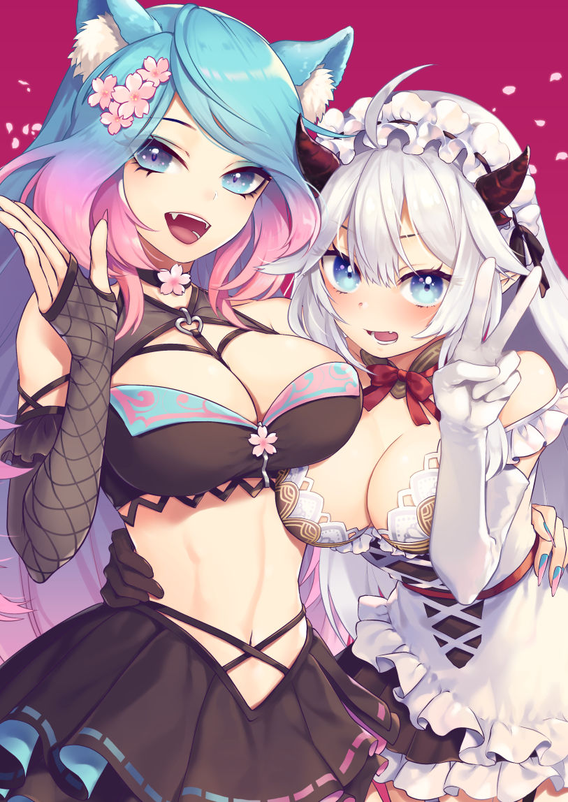 2girls, animal_ears, blue_eyes, blue_hair, blush, breasts, choker, cleavage, cropped, demon_girl, demon_horns, fangs, flower, gloves, gradient_hair, horns, large_breasts, long_hair, looking_at_viewer, maid, multicolored_hair, multiple_girls, nail_polish, open_mouth, pink_hair, pointy_ears, silvervale, silvervale_(4th_costume), silvervale_(silver_2.0), smile, tomobe_kinuko, vei_(vtuber), vei_(4th_costume)_(vtuber), very_long_hair, virtual_youtuber, vshojo, white_gloves, white_hair, wolf_ears, wolf_girl, yuri