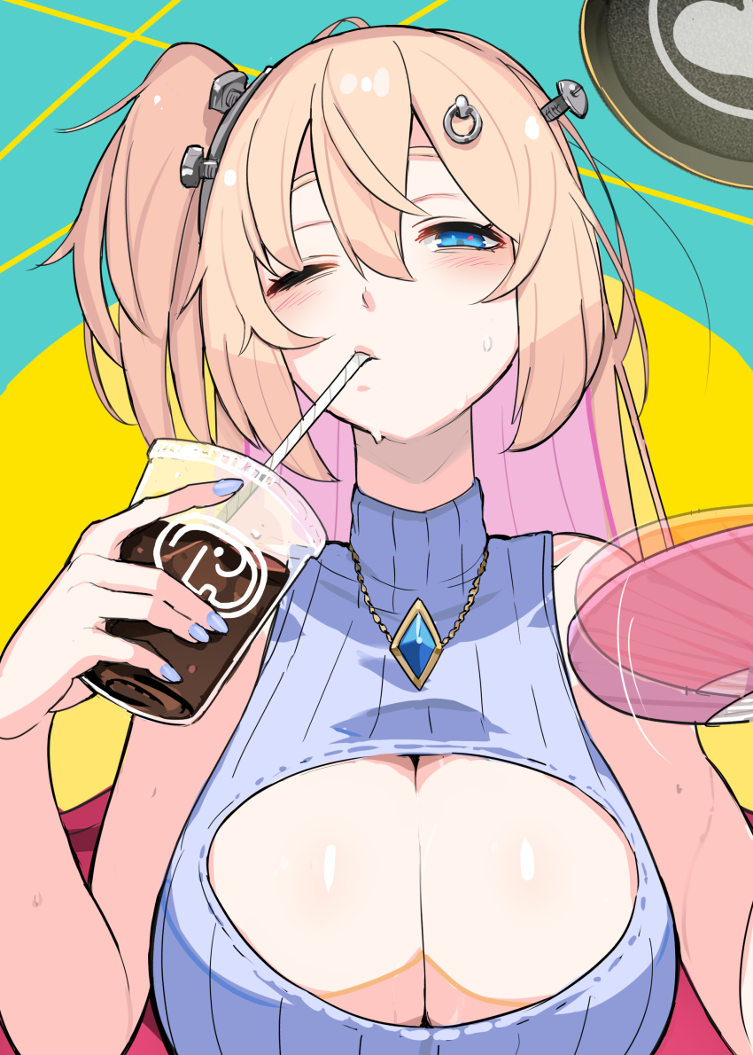 1girl, absurdres, blonde_hair, blue_eyes, breasts, cleavage, cleavage_cutout, clothing_cutout
