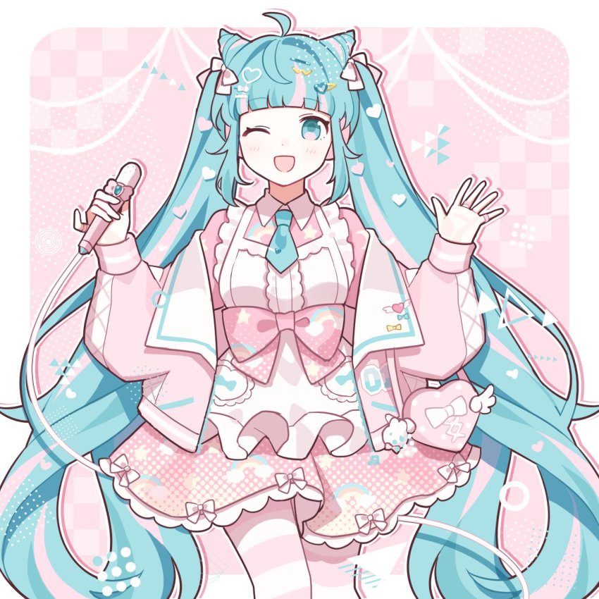 1girl, :d, ahoge, bag, blue_eyes, blue_hair, blue_necktie, blunt_bangs