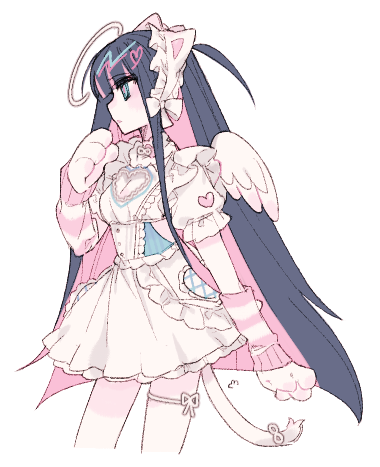 1girl, angel_wings, animal_ears, animal_hands, arm_warmers, blue_hair, blunt_bangs, breasts, cat_ears, cat_tail, choker, cleavage_cutout, clothing_cutout, colored_inner_hair, commentary, dress, fake_animal_ears, frilled_dress, frills, gloves, halo, headdress, heart_cutout, leg_ribbon, long_hair, looking_to_the_side, lowres, medium_breasts, multicolored_hair, panty_&amp;_stocking_with_garterbelt, pastel_colors, paw_gloves, pink_choker, pink_hair, profile, puffy_short_sleeves, puffy_sleeves, ribbon, short_sleeves, solo, stocking_(psg), striped_arm_warmers, tail, thigh_ribbon, u_emper, very_long_hair, white_dress, white_ribbon, wings