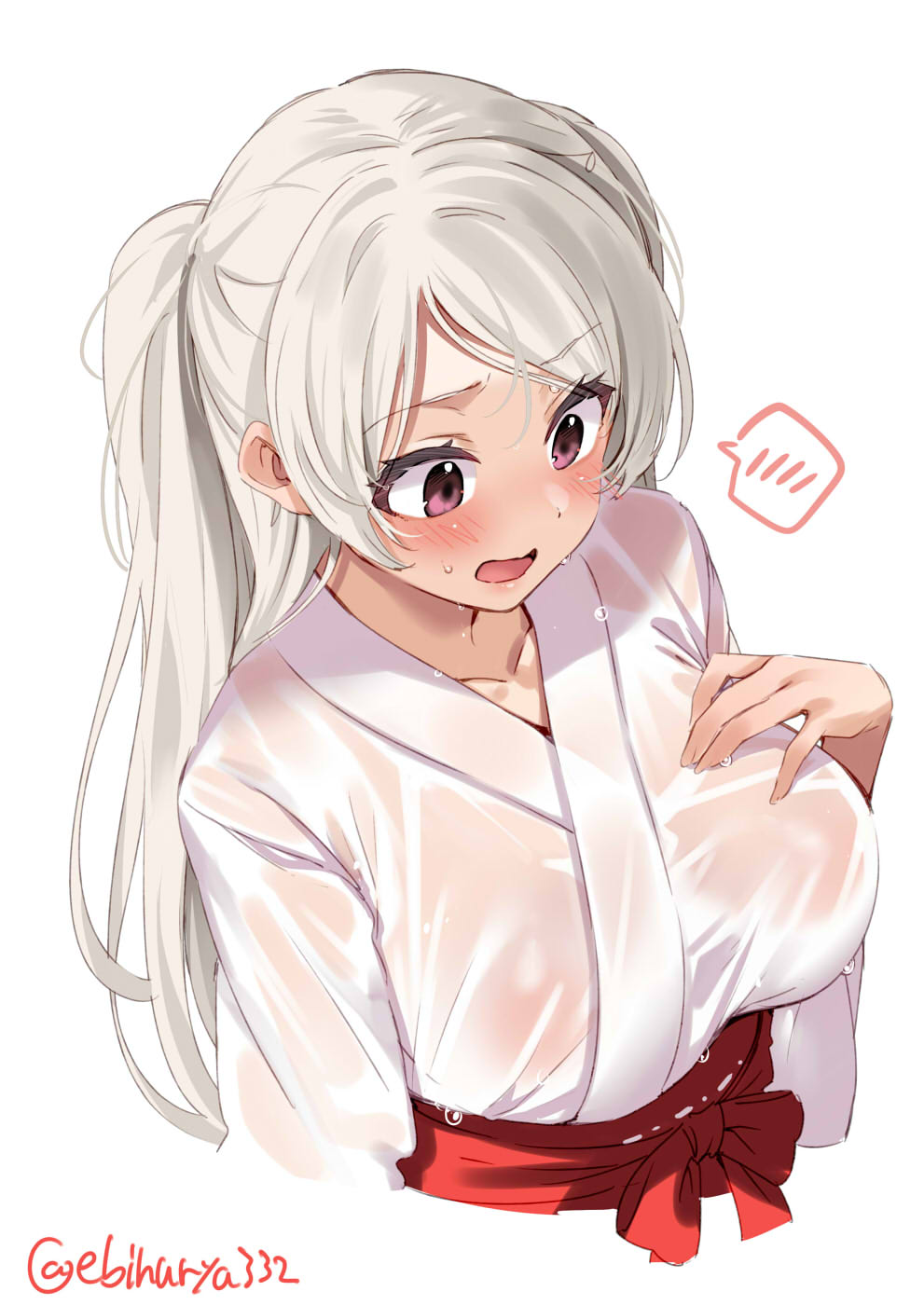 1girl, blush, breasts, brown_eyes, collarbone, conte_di_cavour_(kancolle), conte_di_cavour_(miko)_(kancolle), cowboy_shot, cropped_torso, ebifurya, hair_between_eyes, hakama, hakama_skirt, hand_on_own_chest, hand_up, highres, japanese_clothes, kantai_collection, kimono, large_breasts, long_hair, long_sleeves, looking_down, miko, official_alternate_costume, one-hour_drawing_challenge, open_mouth, parted_bangs, purple_eyes, red_hakama, ribbon-trimmed_sleeves, ribbon_trim, see-through_clothes, simple_background, skirt, solo, spoken_blush, surprised, twitter_username, two_side_up, upper_body, wet, wet_clothes, white_background, white_hair, white_kimono, wide_sleeves