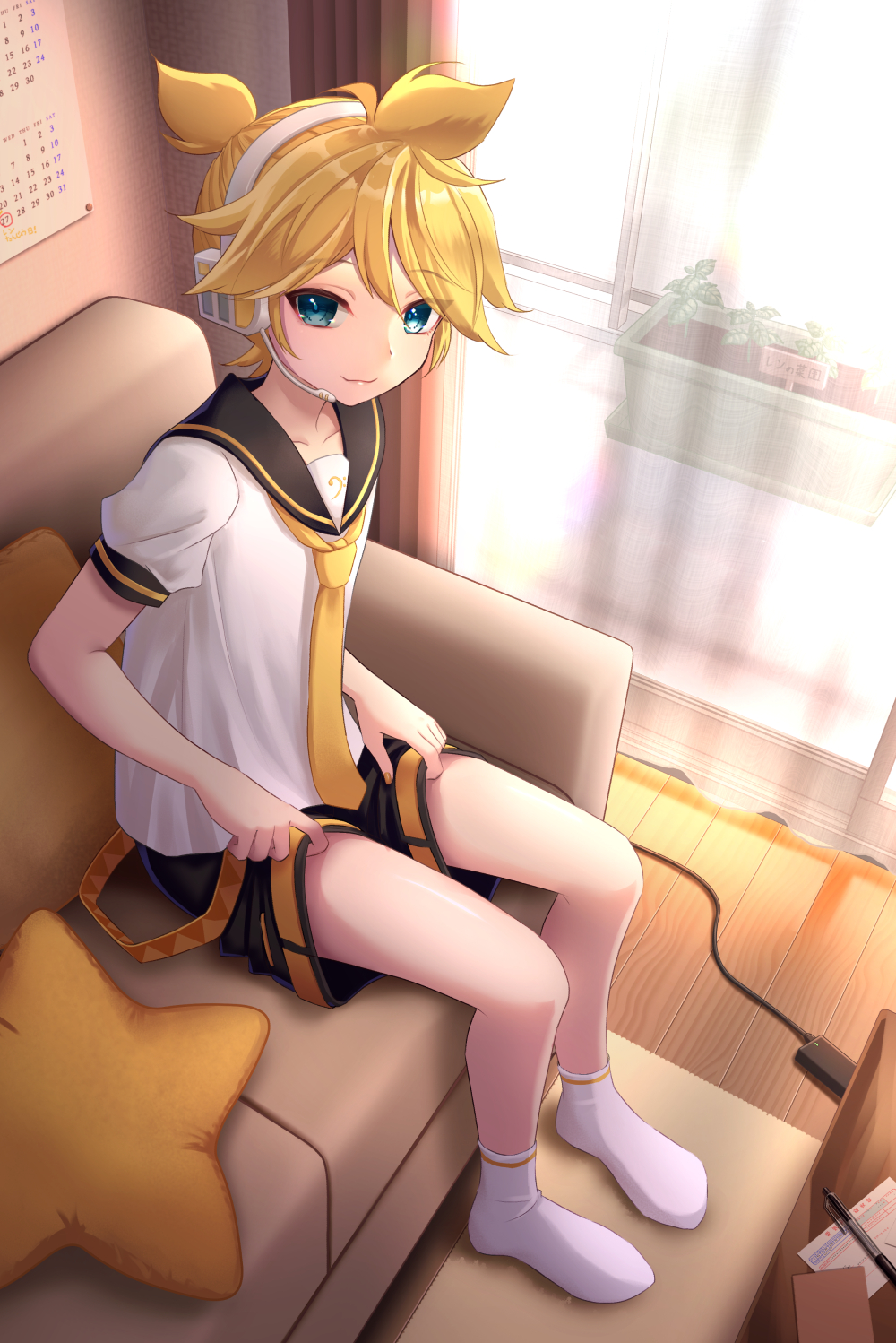 1boy, aroeruji3, bare_legs, blonde_hair, blue_eyes, calendar_(object), closed_mouth, commentary_request, couch, curtains, day, from_above, headgear, highres, kagamine_len, looking_at_viewer, looking_up, male_focus, pen, pillow, plant, potted_plant, power_connection, short_hair, short_sleeves, shorts, socks, solo, table, vocaloid, wooden_floor