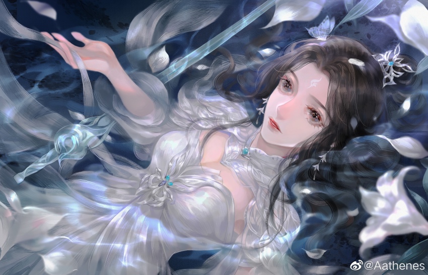 1girl, aathenes_luo_guo, absurdres, black_hair, blurry_eyes, bug, butterfly, dress