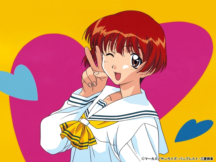 1990s_(style), brown_hair, hoshino_asuka, looking_at_viewer, one_eye_closed, peace_symbol, retro_artstyle, school_uniform