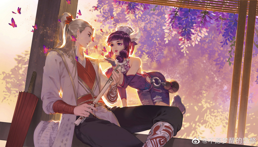 1girl, blowing, bug, butterfly, buyuan_meng_xing_de_nailao, chi_meng_(hua_jianghu_zhi_bei_mo_ting), couple, dress, expressionless, hair_ornament, highres, hua_jianghu_zhi_bei_mo_ting, insect, long_hair, pink_hair, purple_dress, trick