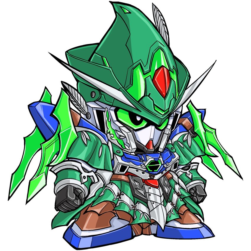 clenched_hands, green_eyes, gundam, hat_feather, highres, mecha, mobile_suit, no_humans, nyun_seki, robinhood_gundam_age_2, robot, science_fiction, sd_gundam, sd_gundam_world_heroes, solo, standing, v-fin