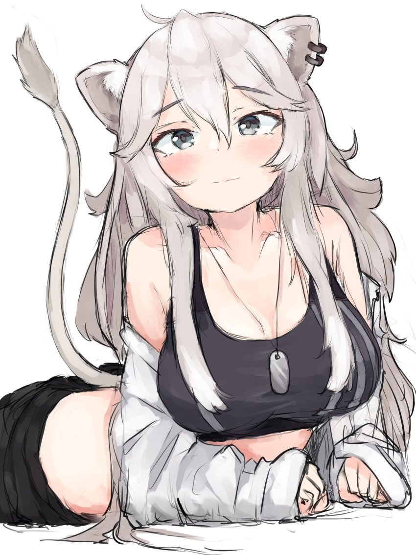 1girl, absurdres, ahoge, animal_ear_fluff, animal_ears, black_sports_bra, blush, closed_mouth