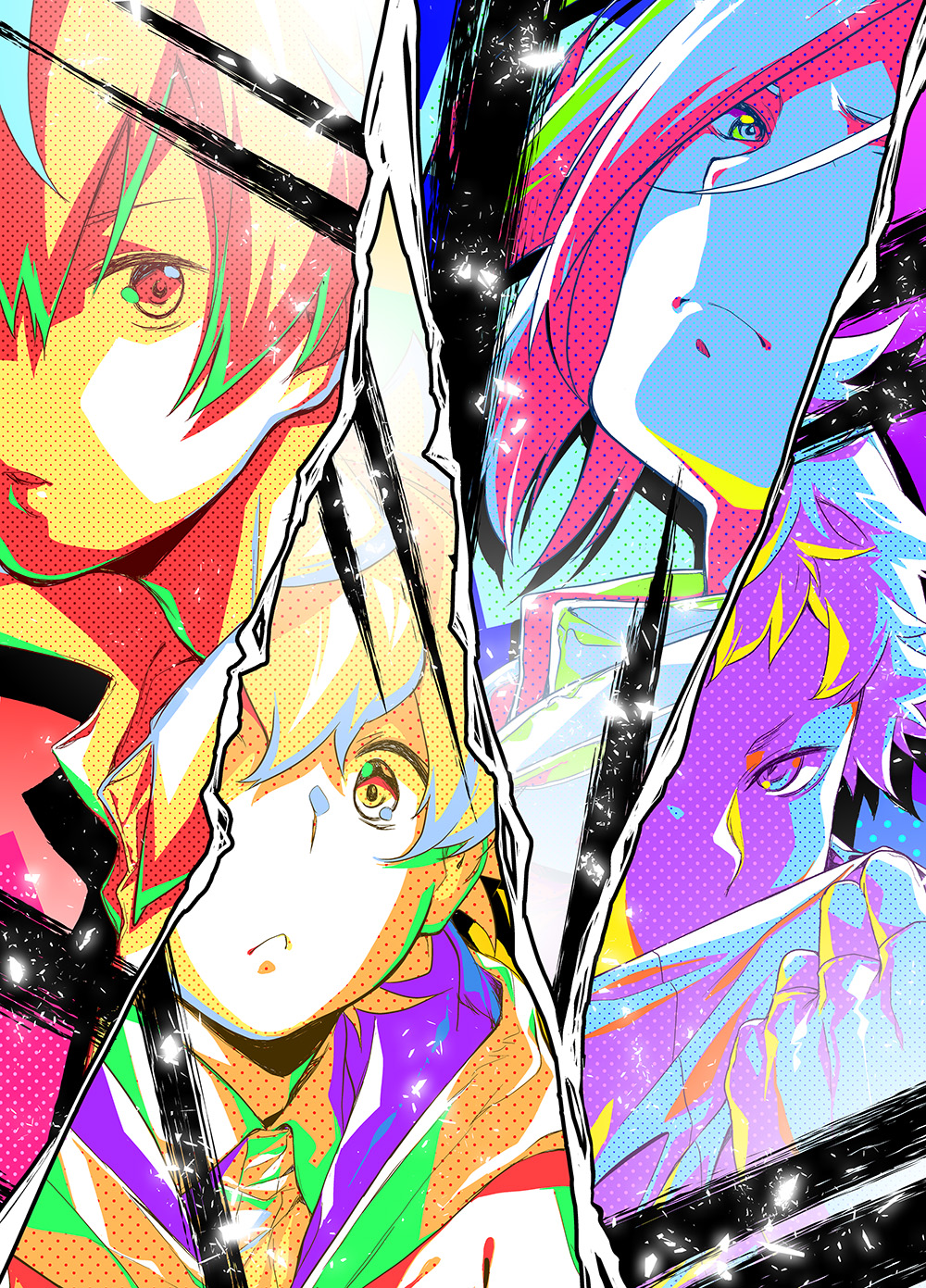 4boys, amagi_sai, barka_nil, blue_hair, brown_eyes, character_request, collared_shirt, column_lineup, dante_d_wordslord, ebihara_chikage, fingerless_gloves, frown, gloves, gundam, gundam_n-extreme, head_tilt, highres, hood, hoodie, looking_at_viewer, male_focus, minakuchi_takashi, multiple_boys, official_art, shirt, surprised