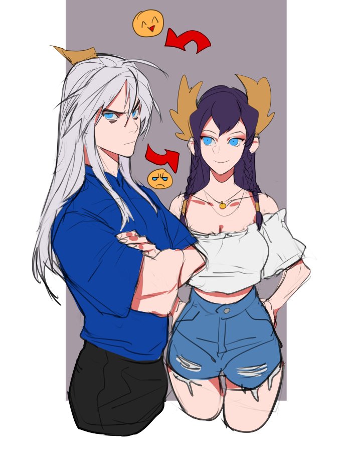 1boy, 1girl, angry, blue_eyes, braid, collar, cropped_legs, divine_sword_irelia, eheheheheheh01, enduring_sword_talon, grey_background, irelia, league_of_legends, smile, talon_(league_of_legends), torn_clothes, white_hair