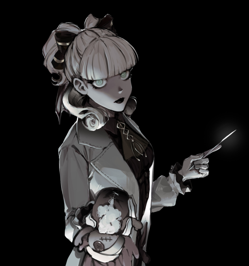 1girl, ace_attorney, black_background, black_lips, blunt_bangs, caduceus, coat, gloves