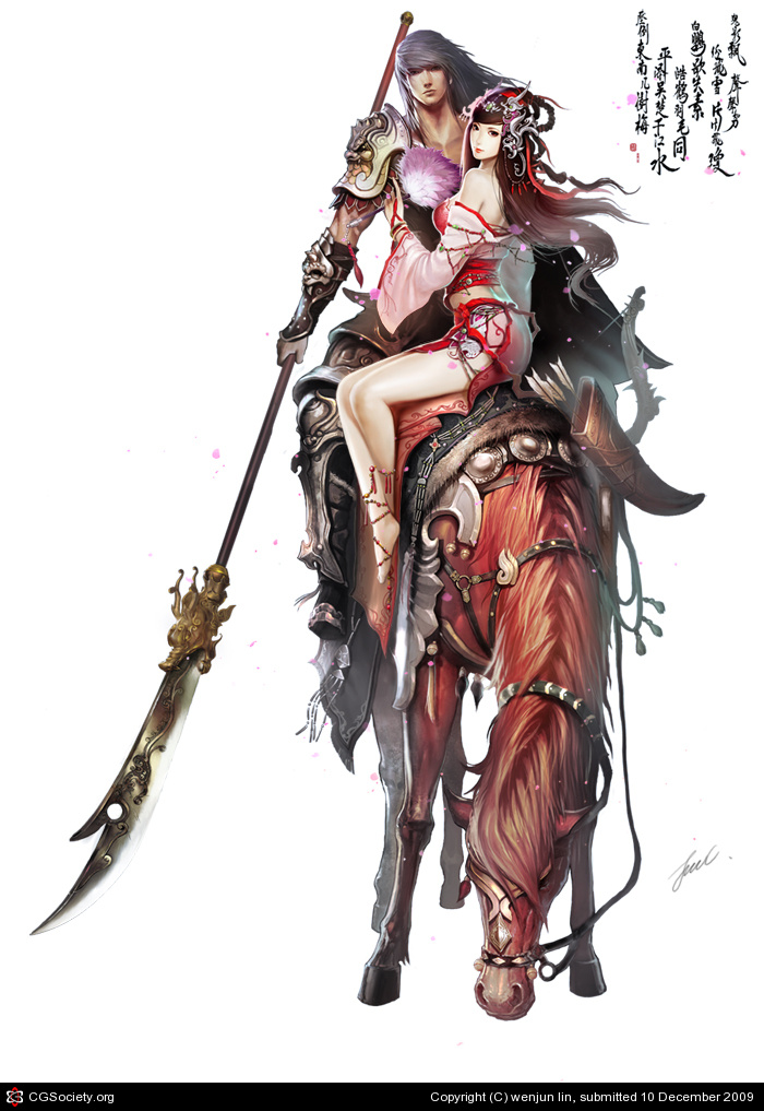 1boy, 1girl, anklet, armor, bad_cgsociety_id, bad_id, barding, barefoot