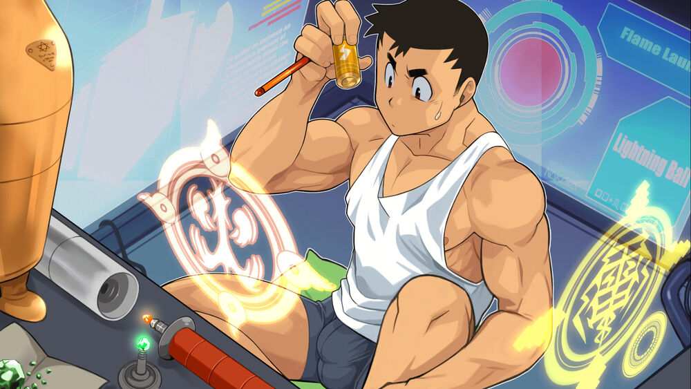 1boy, bara, battery, biceps, black_hair, building, bulge, gyee, hou_(gyee), laboratory, male_focus, male_underwear, muscular, muscular_arms, muscular_male, nipples, official_art, pectoral_cleavage, pectorals, pillow, red_eyes, repairing, screen, screen_light, short_hair, sideburns, sidepec, sitting, solo, sweat, sweatdrop, tank_top, thick_eyebrows, underwear