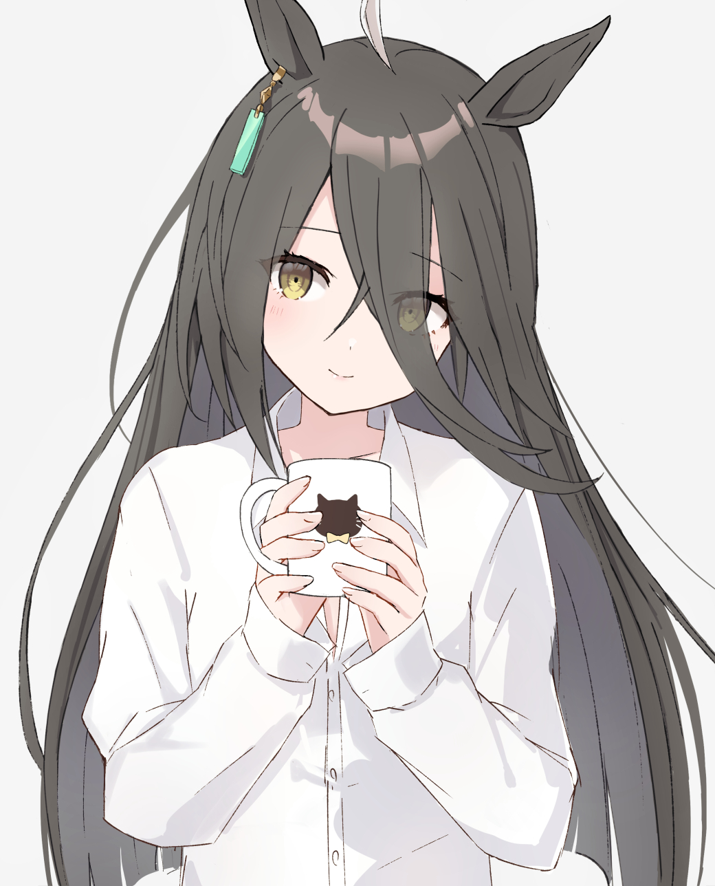 1girl, ahoge, animal_ears, black_hair, blush, closed_mouth, cup, dress_shirt