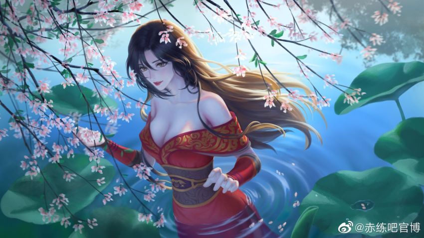 bare_shoulders, black_hair, branch, chi_lian_(qin_shi_ming_yue), chi_lian_qiju_zhu, dress, highres, in_water, long_hair, mature_female, petals, petals_on_liquid, qinshi_mingyue, red_dress, water, watermark, weibo_watermark