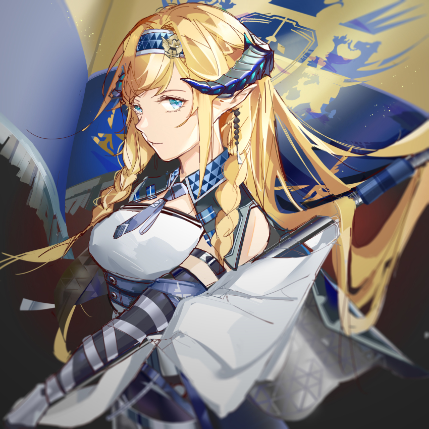 1girl, absurdres, arknights, arm_strap, bare_shoulders, black_gloves, blonde_hair, blue_eyes, blue_hairband, blue_necktie, braid, breasts, elbow_gloves, flag, gloves, hairband, hanyue, highres, horns, long_hair, looking_at_viewer, medium_breasts, necktie, pointy_ears, saileach_(arknights), shirt, solo, twin_braids, upper_body, victoria_logo, white_shirt