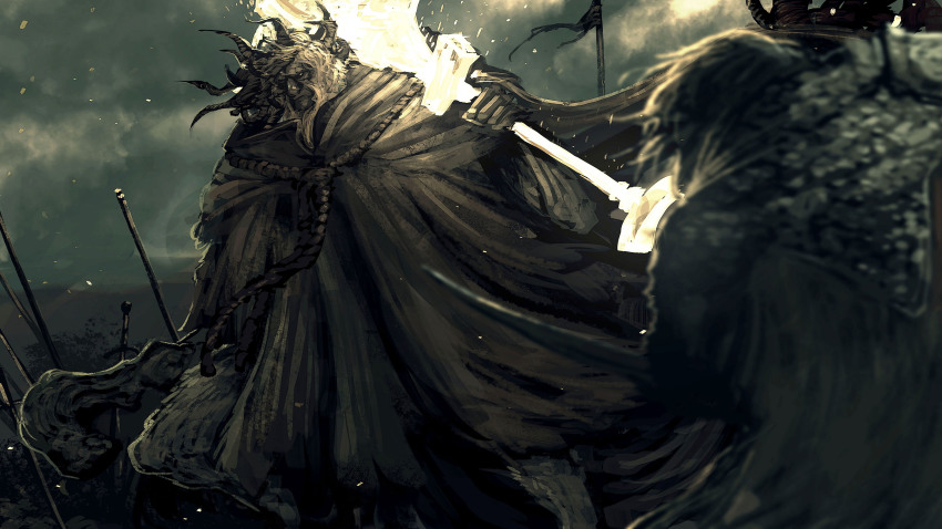 1boy, 1other, absurdres, beard, cape, cloak, cloud, cloudy_sky