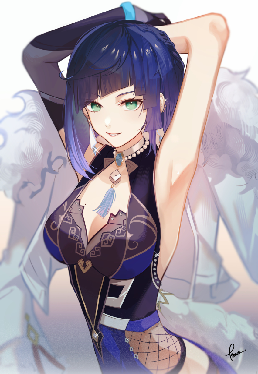 1girl, absurdres, armpits, arms_up, beads, black_gloves, blue_hair, bob_cut