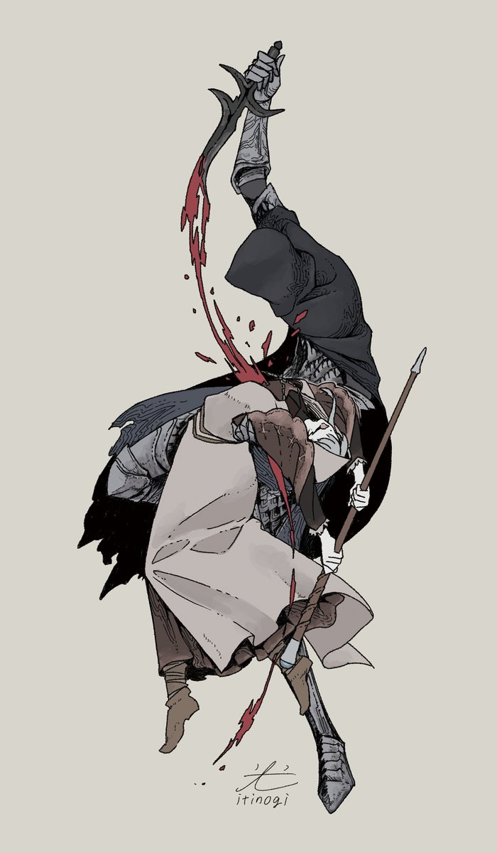 2girls, arched_back, arm_up, armored_boots, arms_up, artist_name, astrologer_(elden_ring), beige_background, black_cloak, black_knife_(elden_ring), black_knife_assassin, blood, blood_from_mouth, boots, brown_dress, brown_footwear, carrying, cloak, covered_eyes, dagger, dress, elden_ring, full_body, gauntlets, gem, gloves, grey_background, grey_footwear, grey_gloves, grey_hair, hair_over_eyes, highres, holding, holding_dagger, holding_knife, holding_staff, holding_weapon, hood, hood_up, hooded_cloak, injury, itinogi, knife, long_sleeves, multiple_girls, open_mouth, shoes, signature, simple_background, staff, standing, tarnished_(elden_ring), torn_cloak, torn_clothes, two-handed, weapon