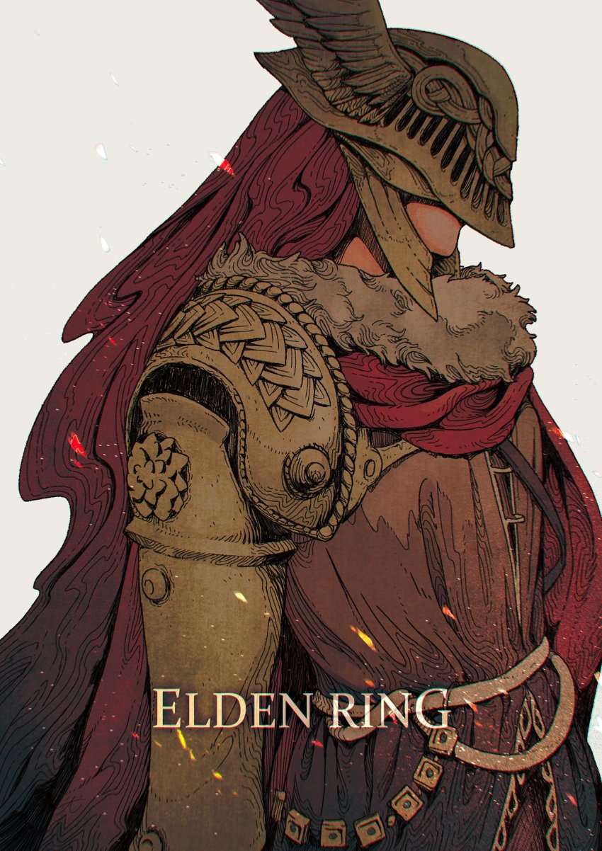1girl, brown_dress, cape, copyright_name, dress, elden_ring, from_side, helmet