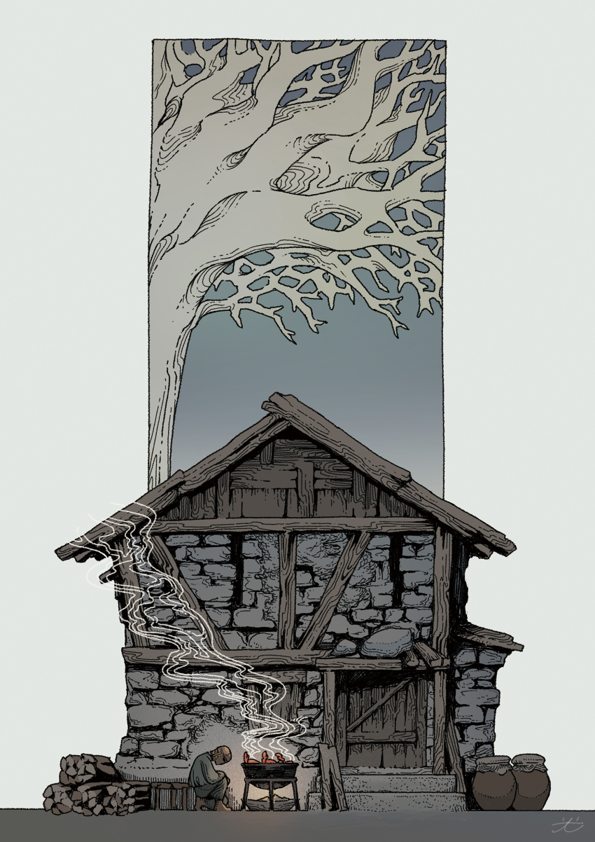 1boy, blackguard_big_boggart, cauldron, cooking, elden_ring, from_side, helmet, highres