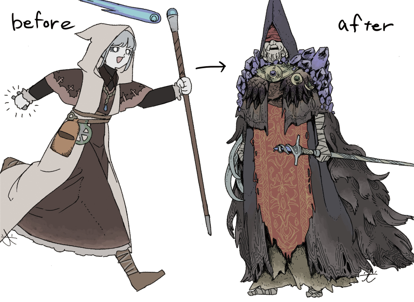 1other, :d, astrologer_(elden_ring), bandaged_arm, bandages, before_and_after, black_sclera, blindfold