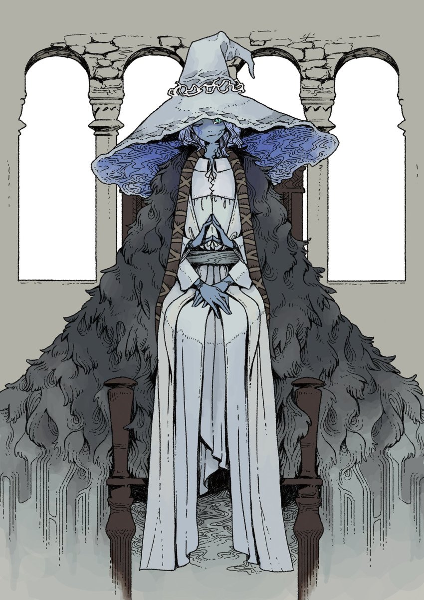 1girl, blue_skin, cloak, closed_mouth, colored_skin, cracked_skin, dress, elden_ring, extra_arms, fur_cloak, green_eyes, grey_hat, hat, head_tilt, highres, itinogi, long_dress, long_sleeves, looking_at_viewer, own_hands_together, ranni_the_witch, sitting, solo, steepled_fingers, white_dress, witch_hat