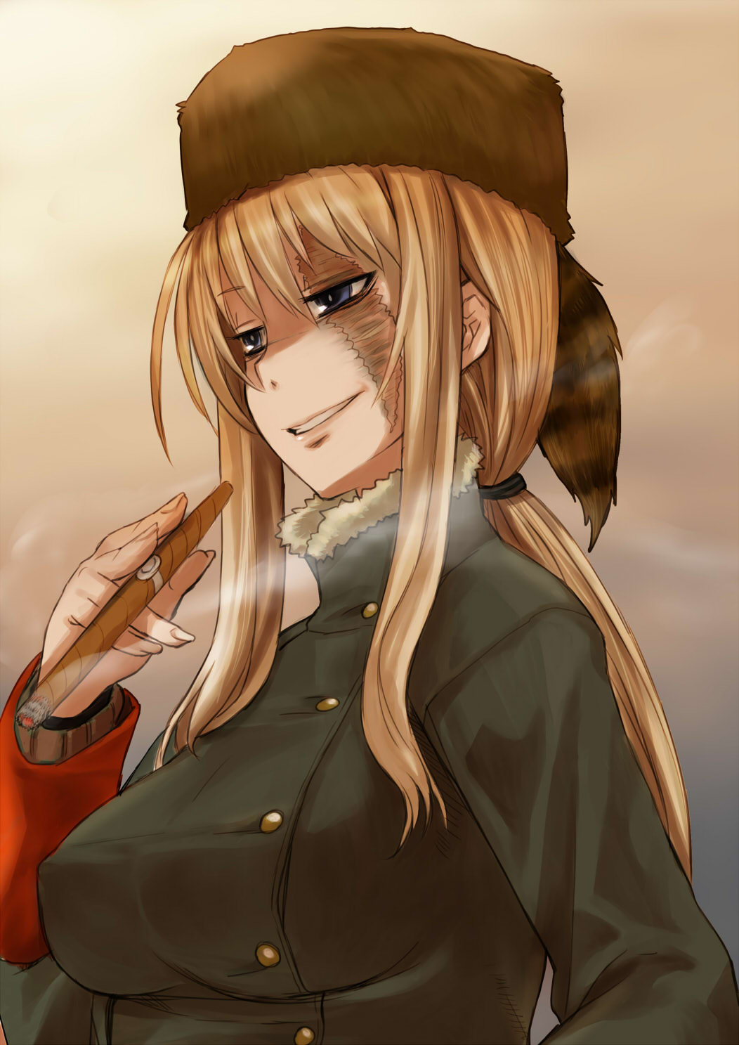1girl, balalaika_(black_lagoon), black_lagoon, blonde_hair, blue_eyes, breasts, cigar, coon_hat