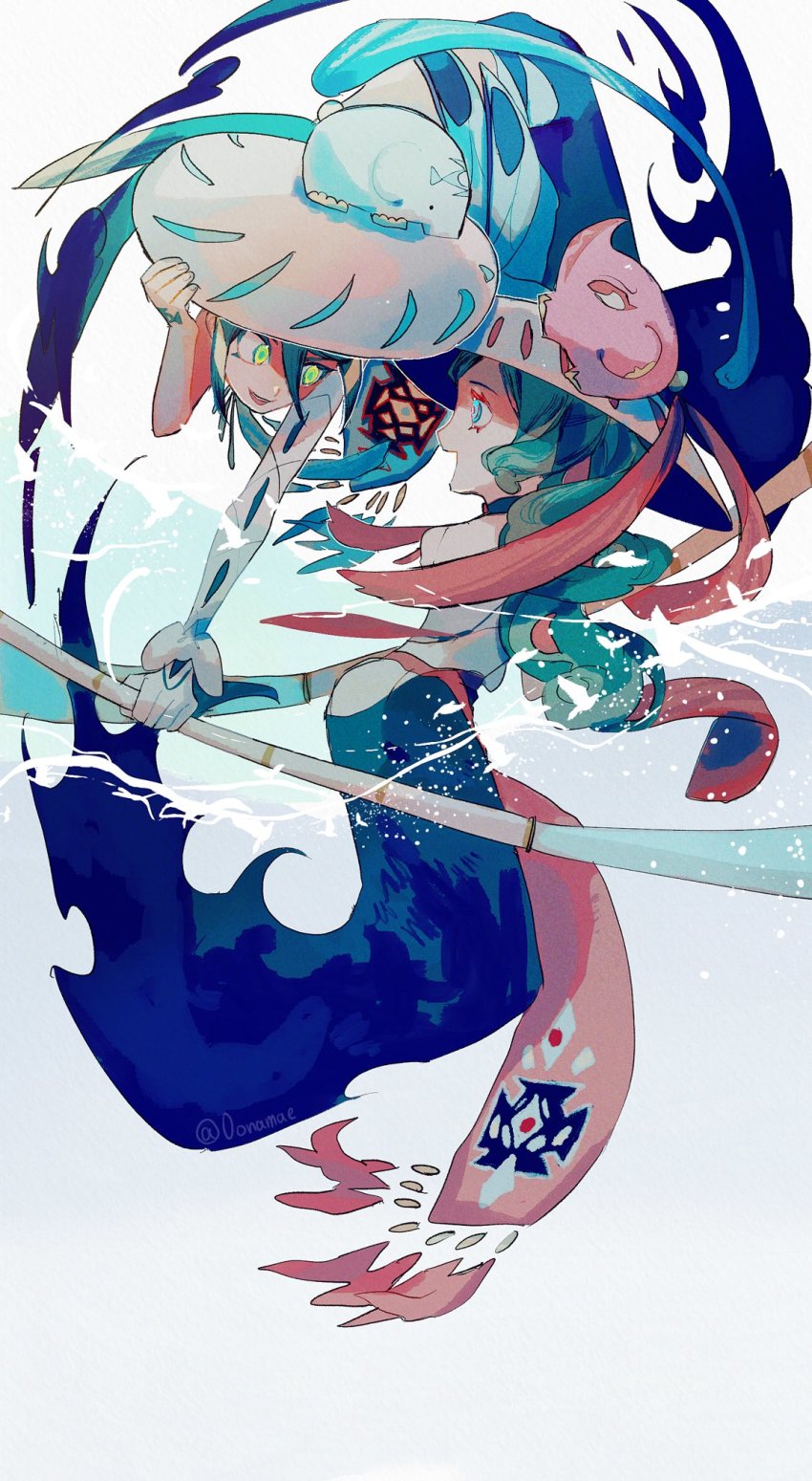 0onamae, 2girls, blue_hair, crop_top, eyeliner, fate/grand_order, fate_(series), gloves