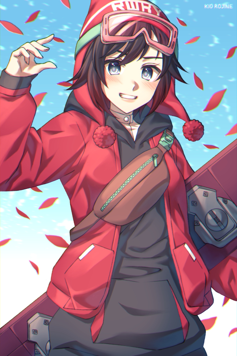 1girl, alternate_universe, artist_name, beanie, black_hair, black_hoodie, blush, fanny_pack, goggles, goggles_on_head, goggles_on_headwear, gradient_hair, grey_eyes, grin, hand_up, hat, highres, holding_snowboard, hood, hoodie, jacket, kio_rojine, looking_at_viewer, multicolored_hair, official_alternate_costume, petals, pom_pom_(clothes), red_hair, red_jacket, rose_petals, ruby_rose, rwby, rwby_ice_queendom, short_hair, smile, snow, snowboard, snowing, solo, upper_body, zipper, zipper_pull_tab