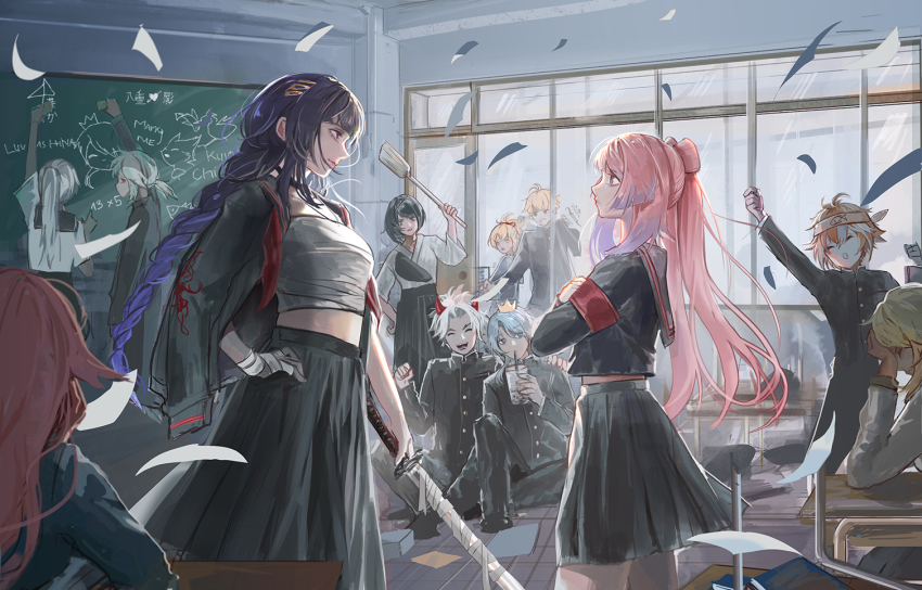 5boys, 6+girls, aether_(genshin_impact), animal_ears, arataki_itto, ayaka_(genshin_impact), bandages, blonde_hair, blue_eyes, blue_hair, bubble_tea, chalkboard, cheering, closed_eyes, clothing_request, contemporary, crossed_arms, delinquent, desk, facepalm, fox_ears, fox_girl, genshin_impact, gorou_(genshin_impact), holding, holding_weapon, horns, ilumiarts, japanese_clothes, kaedehara_kazuha, kamisato_ayato, katana, kujou_sara, long_hair, looking_at_another, lumine_(genshin_impact), multicolored_hair, multiple_boys, multiple_girls, oni, oni_horns, orange_hair, pink_hair, purple_eyes, purple_hair, raiden_shogun, red_eyes, sangonomiya_kokomi, school_uniform, short_hair, sukeban, sword, weapon, white_hair, yae_miko, yellow_eyes, yoimiya_(genshin_impact)