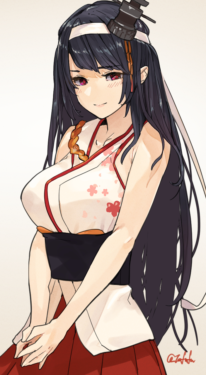 1girl, black_hair, floral_print, fusou_(kancolle), fusou_kai_ni_(kancolle), fuwafuwatoufu, gradient_background, hair_ornament