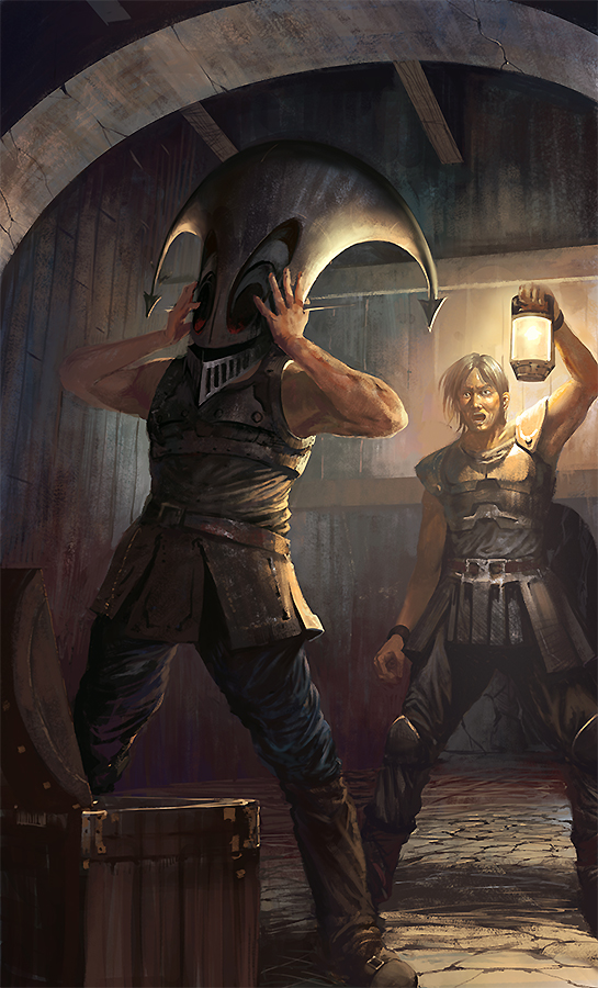 2boys, armor, belt, happiness_(pixiv_fantasia), helmet, indoors, lantern, male_focus, multiple_boys, noba, pixiv_fantasia, pixiv_fantasia_4, treasure_chest