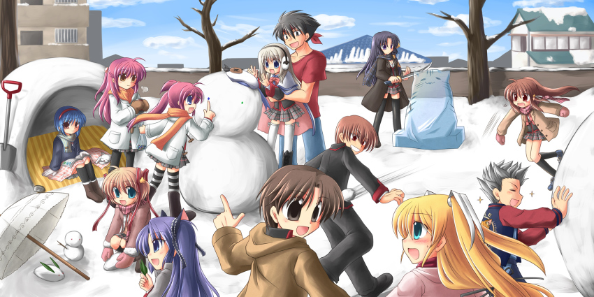 4boys, 6+girls, bad_anatomy, cat, coat, doruji, futaki_kanata, highres, ice, ice_sculpture, inohara_masato, kamikita_komari, kurugaya_yuiko, lennon_(little_busters!), little_busters!, miyazawa_kengo, multiple_boys, multiple_girls, nanamaru, naoe_riki, natsume_kyousuke, natsume_rin, nishizono_mio, noumi_kudryavka, poorly_drawn, ryuuga_nanamaru, saigusa_haruka, sasasegawa_sasami, school_uniform, snow, snow_rabbit, snowball, snowman, tokido_saya, umbrella, winter