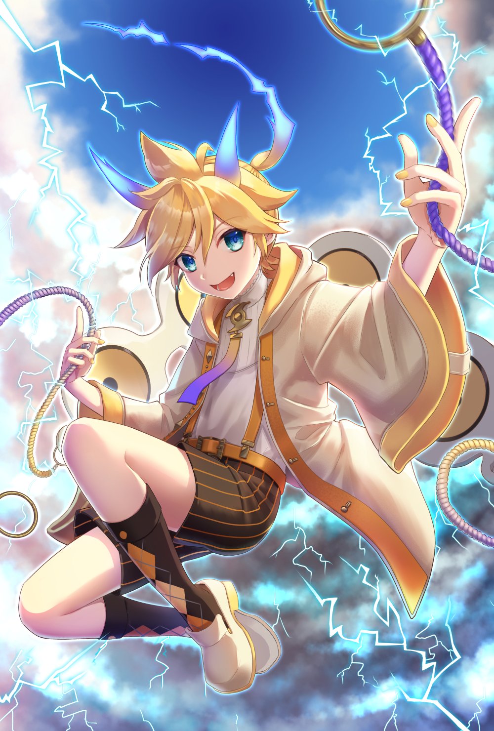 1boy, aroeruji3, black_shorts, black_socks, blonde_hair, blue_eyes, cloud, electricity