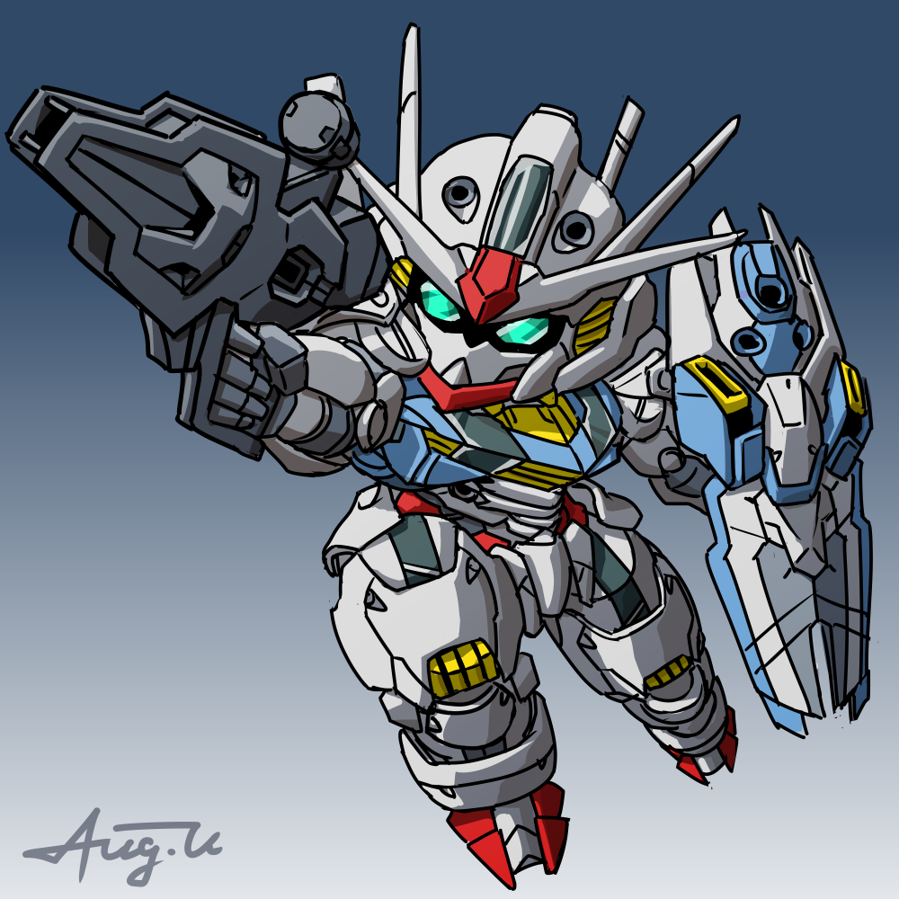 beam_rifle, blue_background, chibi, commentary, energy_gun, gradient_background, grey_background, gundam, gundam_aerial, gundam_suisei_no_majo, hagitsuki_yuu, looking_at_viewer, mecha, mobile_suit, robot, sd_gundam, shield, signature, solo, v-fin, weapon