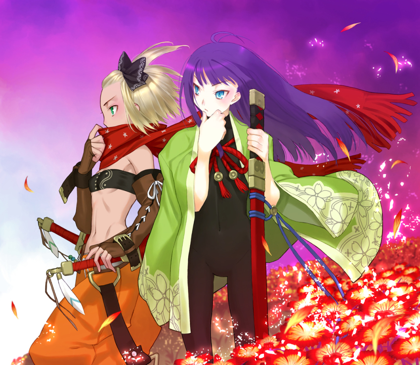 2girls, 7th_dragon, 7th_dragon_(series), adjusting_clothes, antenna_hair, baggy_pants, bandeau, blonde_hair