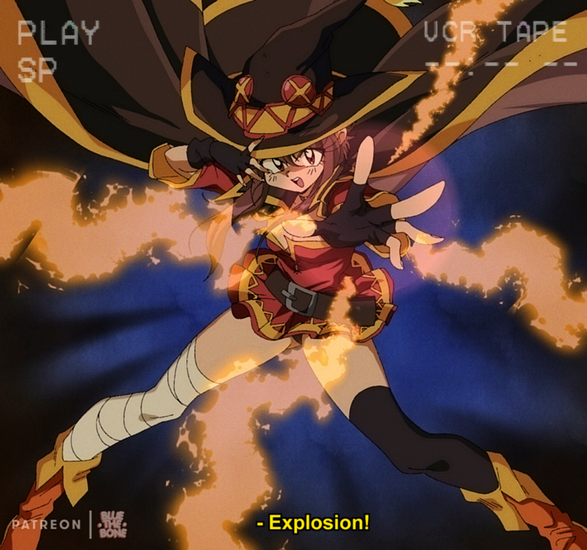1990s_(style), 1girl, araizumi_rui_(style), bandaged_leg, bandages, belt, black_choker, black_gloves, black_panties, black_thighhighs, bluethebone, boots, brown_belt, cape, choker, explosion, fantasy, fingerless_gloves, gloves, gluteal_fold, hat, highres, kono_subarashii_sekai_ni_shukufuku_wo!, magic, megumin, open_mouth, panties, pantyshot, parody, patreon_username, red_eyes, retro_artstyle, style_parody, thighhighs, underwear, upskirt, witch_hat, wizard