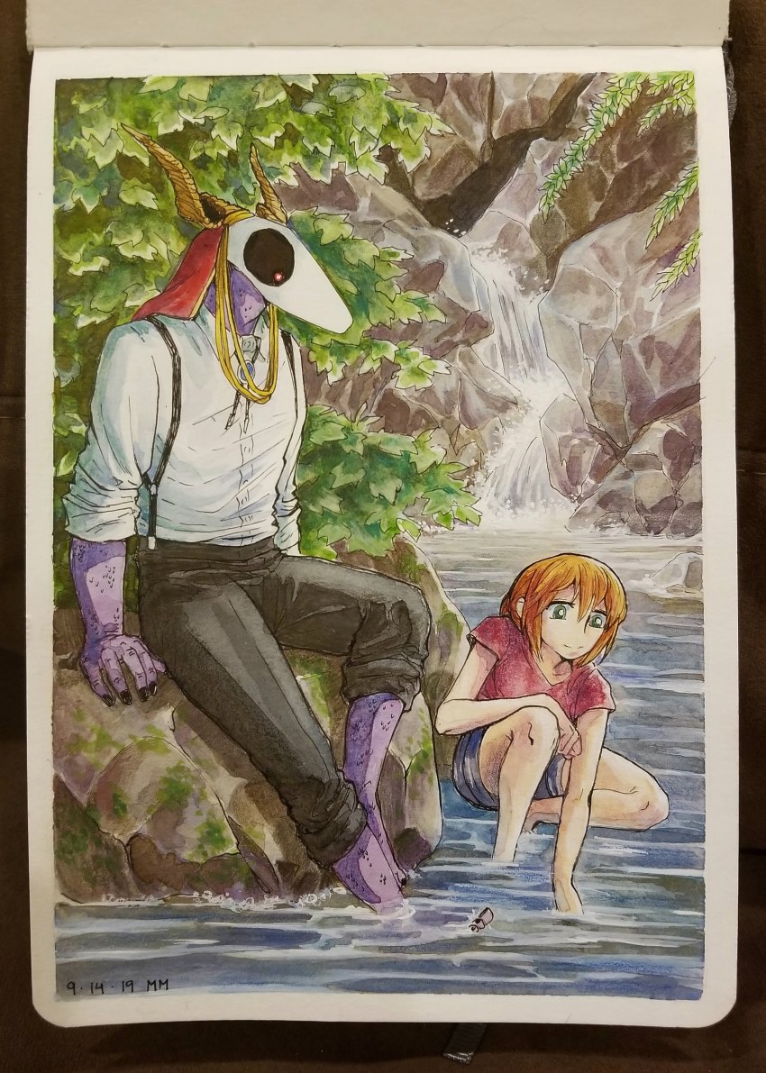 1boy, 1girl, absurdres, animal_skull, arm_support, black_pants, border, buttons, cliff, collarbone, collared_shirt, colored_skin, dated, denim, denim_shorts, elias_ainsworth, fingernails, green_eyes, hatori_chise, highres, horns, jewelry, leaves, mahou_tsukai_no_yome, merideth_mulroney, moss, necklace, orange_hair, outstretched_arm, painting_(medium), pants, pants_rolled_up, photo_(medium), purple_skin, red_eyes, red_shirt, river, rock, shirt, shorts, sitting, sketchbook, sleeves_pushed_up, smile, soaking_feet, squatting, suspenders, toenails, traditional_media, tree, wading, water, watercolor_(medium), waterfall, white_border, white_shirt, wing_collar