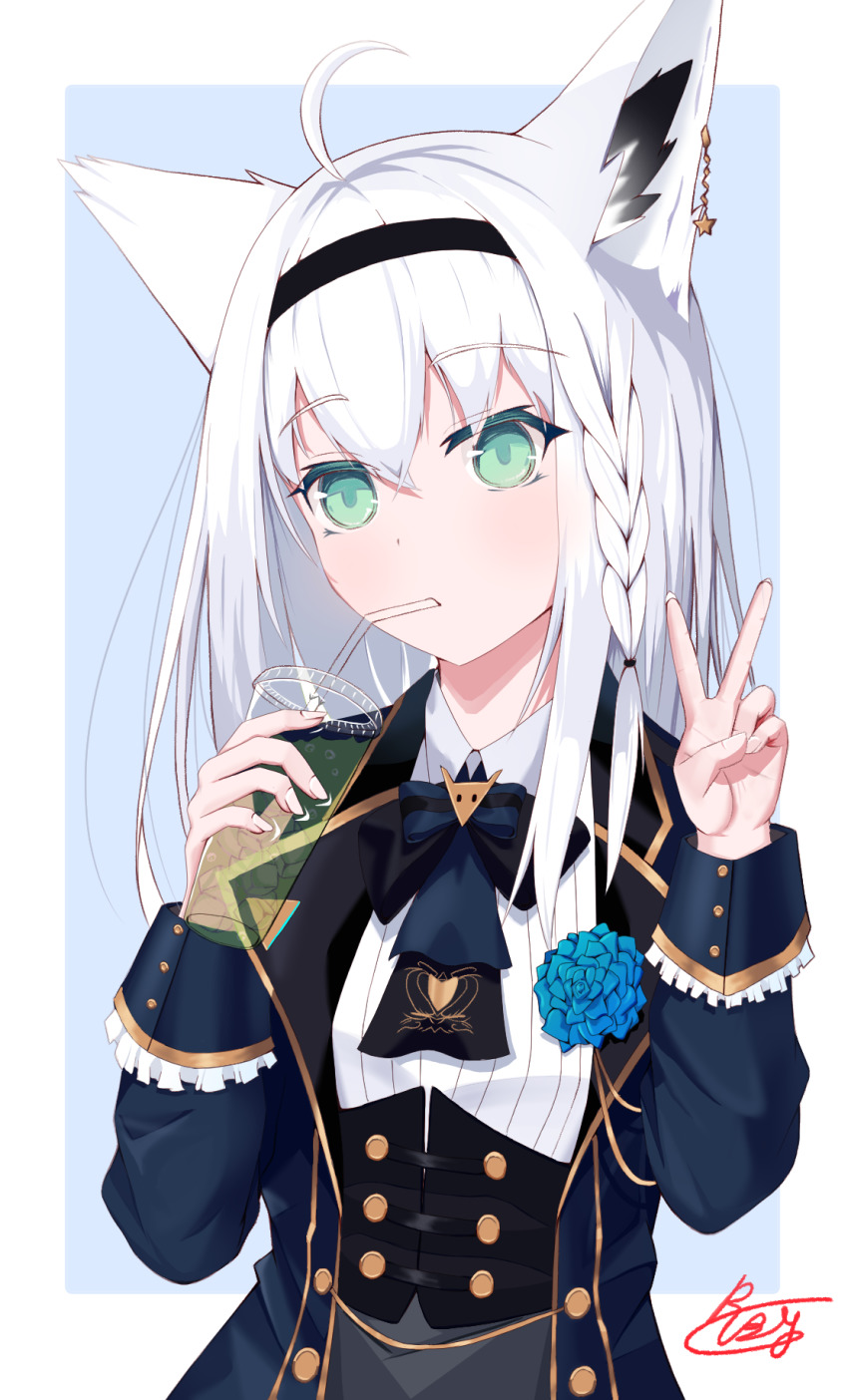 1girl, ahoge, animal_ear_fluff, animal_ears, ascot, blue_ascot, blue_background, blue_jacket, border, braid, commentary, corset, cup, drinking_straw, earrings, english_commentary, fox_ears, fox_girl, glass, green_eyes, grey_skirt, hair_between_eyes, hairband, highres, holding, holding_cup, hololive, jacket, jewelry, long_hair, looking_at_viewer, open_clothes, open_jacket, ruby_cubist, shirakami_fubuki, shirakami_fubuki_(parade_dress), shirt, sidelocks, signature, simple_background, single_braid, skirt, solo, v, virtual_youtuber, white_hair, white_shirt