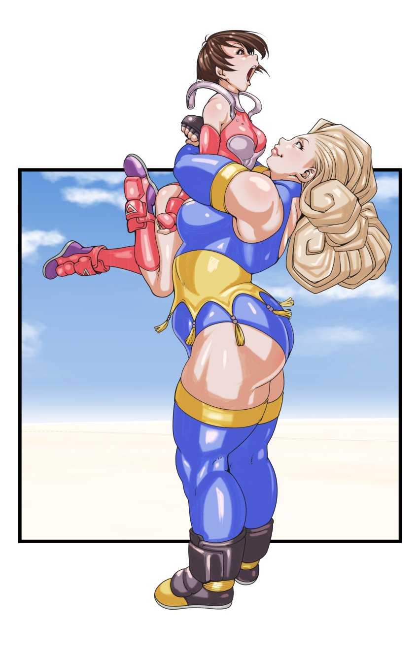 2girls, absurdres, bearhug, big_hair, blonde_hair, blue_eyes, blue_leotard, breasts