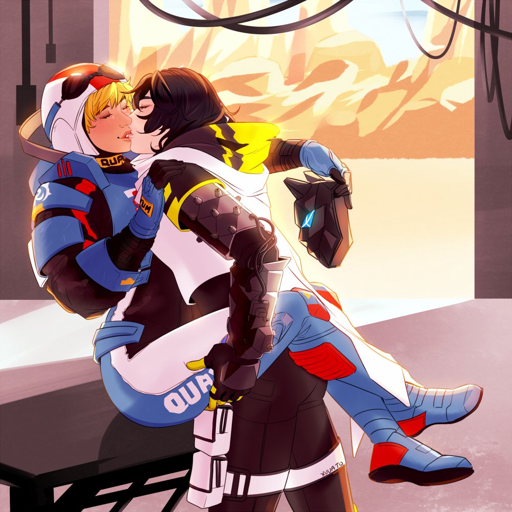 2girls, apex_legends, black_bodysuit, black_hair, blonde_hair, blue_bodysuit, blue_eyes, blush