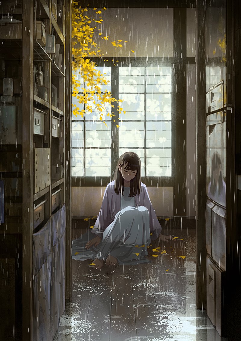 1girl, blurry, blurry_background, brown_hair, cardigan, closed_mouth, dress, flood, indoors, knees_up, leaf, long_hair, long_sleeves, looking_down, original, pink_cardigan, reengirl, shelf, sitting, smile, solo, tree, water, white_dress, window