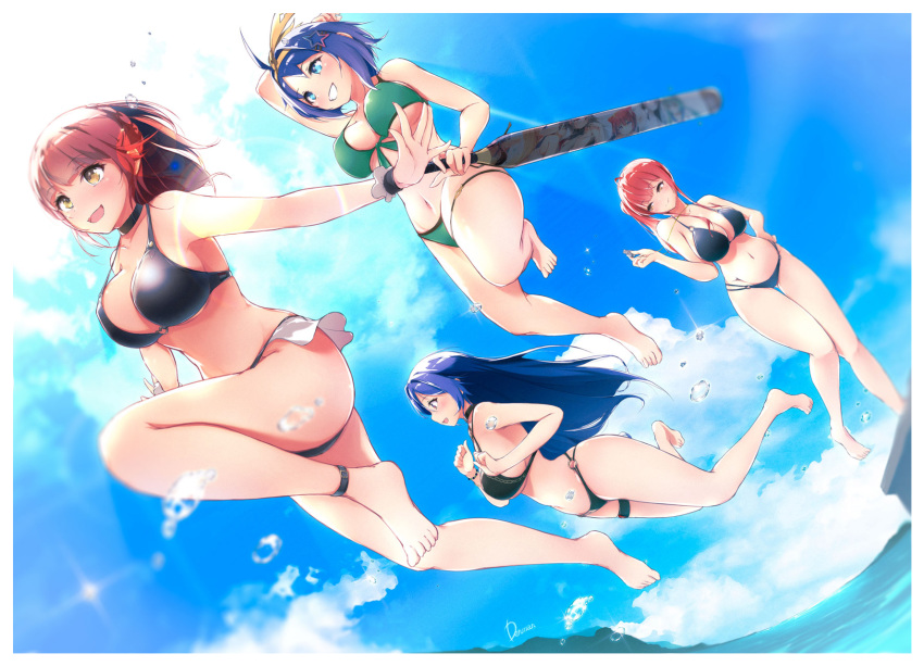 4girls, airborne, alternate_breast_size, ankle_strap, azur_lane, bikini, breasts, cloud, dermar, full_body, highres, holding, jumping, large_breasts, multiple_girls, nicoloso_da_recco_(azur_lane), nicoloso_da_recco_(to_a_smashing_voyage!)_(azur_lane), o-ring, o-ring_bikini, official_alternate_costume, pompeo_magno_(azur_lane), scrunchie, swimsuit, tan, tanline, thigh_strap, trento_(azur_lane), trento_(summer's_hotness?)_(azur_lane), water, whistle, wrist_scrunchie, zara_(azur_lane), zara_(poolside_coincidence)_(azur_lane)