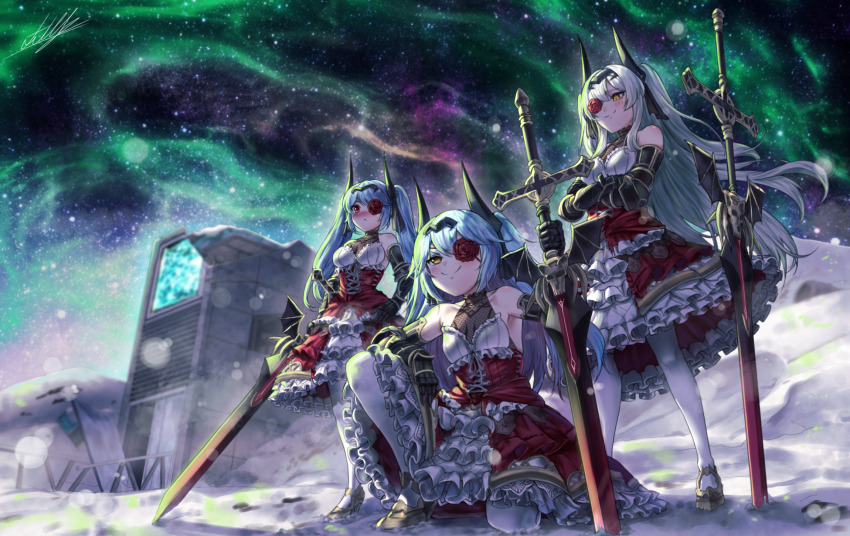 3girls, aurora, bare_shoulders, blue_hair, blush, breasts, commission, cosplay, cyclops_princess_(last_origin), cyclops_princess_(last_origin)_(cosplay), eyepatch, full_body, gauntlets, gothic_lolita, highres, last_origin, light_blue_hair, lolita_fashion, long_sword, lrl_(last_origin), multiple_girls, night, outdoors, pantyhose, pinkmarine, red_eyes, rose_eyepatch, silver_hair, sky, smile, snow, squatting, sword, tachi_(artificial_hero), weapon, white_legwear, yellow_eyes