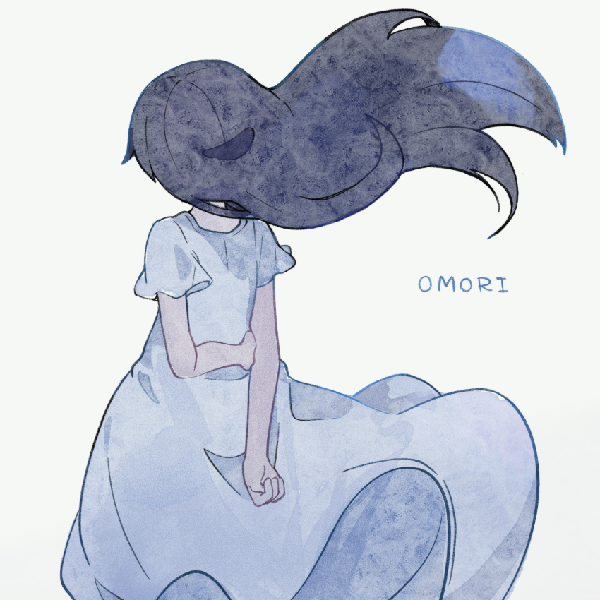 1girl, arms_behind_back, black_hair, commentary_request, copyright_name, dress, from_behind, hand_on_own_arm