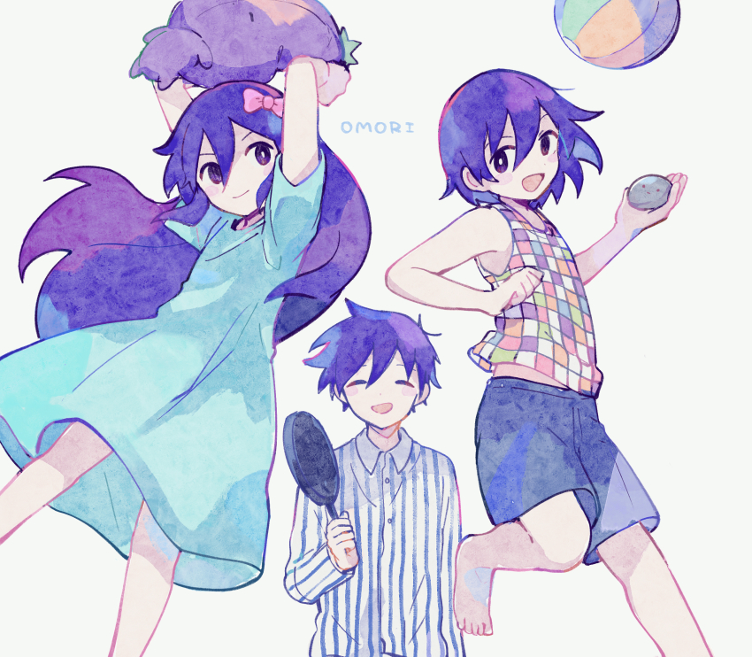 1girl, 2boys, :d, ^_^, aubrey_(headspace)_(omori), aubrey_(omori), ball, beachball, blue_dress, bow, checkered_clothes, checkered_shirt, closed_eyes, commentary_request, copyright_name, denim, denim_shorts, dress, dress_shirt, frying_pan, hair_bow, hector_(rock)_(omori), hero_(headspace)_(omori), hero_(omori), highres, kel_(headspace)_(omori), kel_(omori), long_hair, medium_hair, mr._plantegg, multiple_boys, omori, open_mouth, pink_bow, purple_eyes, purple_hair, rock, shirt, short_hair, shorts, simple_background, smile, striped_clothes, striped_shirt, stuffed_eggplant, stuffed_toy, toukashi_(2tou9), v-shaped_eyebrows, white_background