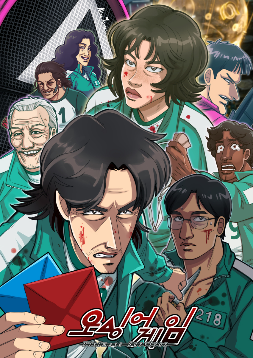 2girls, 6+boys, adelheid_(moschiola), ali_abdul, black_hair, blood, blood_on_clothes, brown_hair, cho_sang-woo, dark-skinned_male, dark_skin, green_jacket, han_mi-nyeo, highres, holding, hwang_jun-ho, jacket, jang_deok-su, tobaku_mokushiroku_kaiji, kang_sae-byeok, korean_text, multiple_boys, multiple_girls, oh_il-nam, old, old_man, parody, seong_gi-hun, squid_game, style_parody, track_jacket
