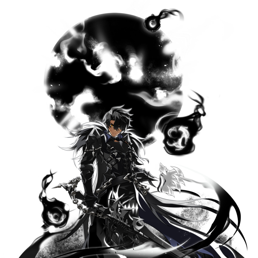 1boy, armor, aura, black_hair, cape, chain, dark_aura, dark_skin, elsword, fur_collar, gauntlets, heterochromia, highres, mutant_arm, official_art, ornate_weapon, raven_cronwell, revenant_(elsword), scar, sword, transparent_background, weapon, white_eyes, yellow_eyes