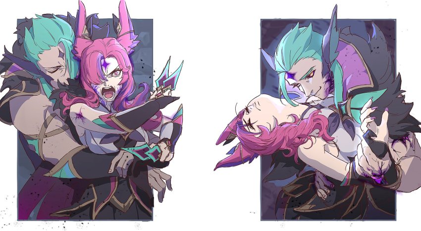 angry, ddlggoddadda, green_hair, highres, hug, league_of_legends, pink_hair, rakan_(league_of_legends)